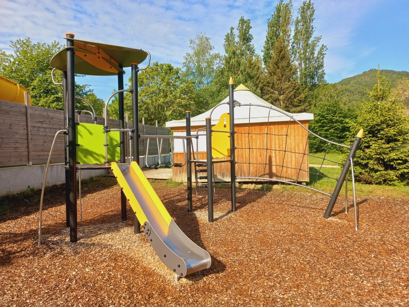Children's playground at the Belcaire Lake Cottages