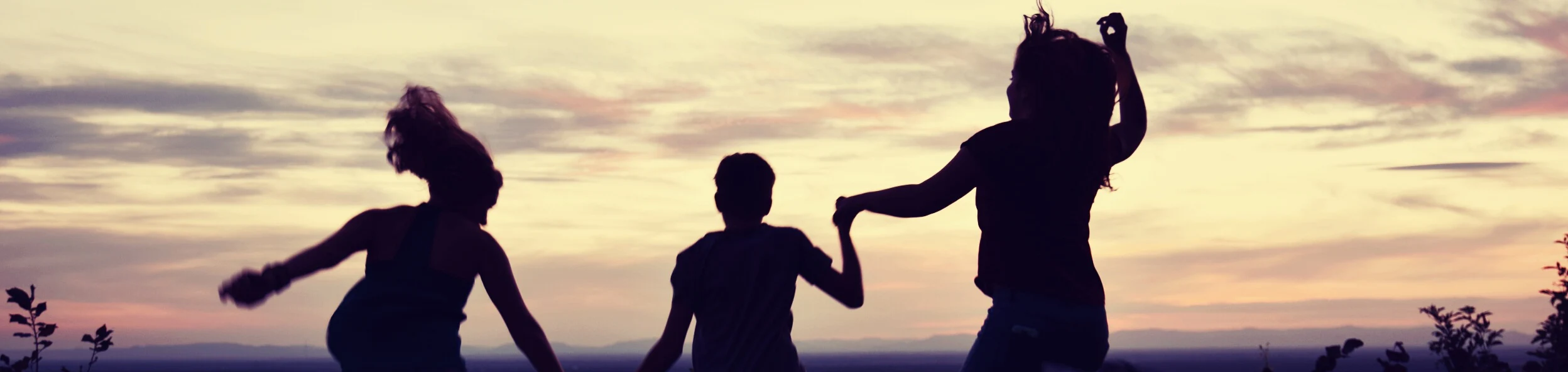 child jump by the hand in front of sunset facing the mountains